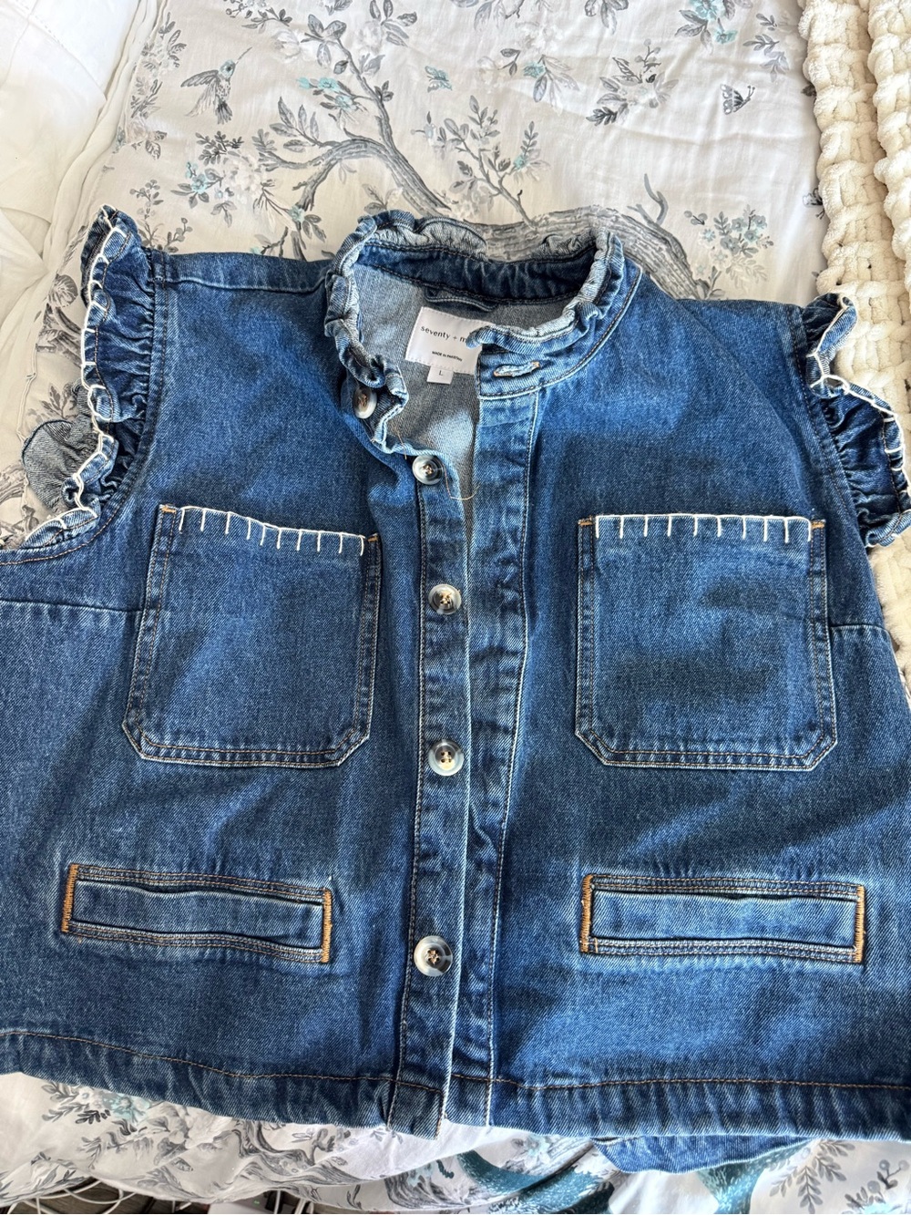 Denim Ruffle-Sleeve womans Button-Front Top - Blue